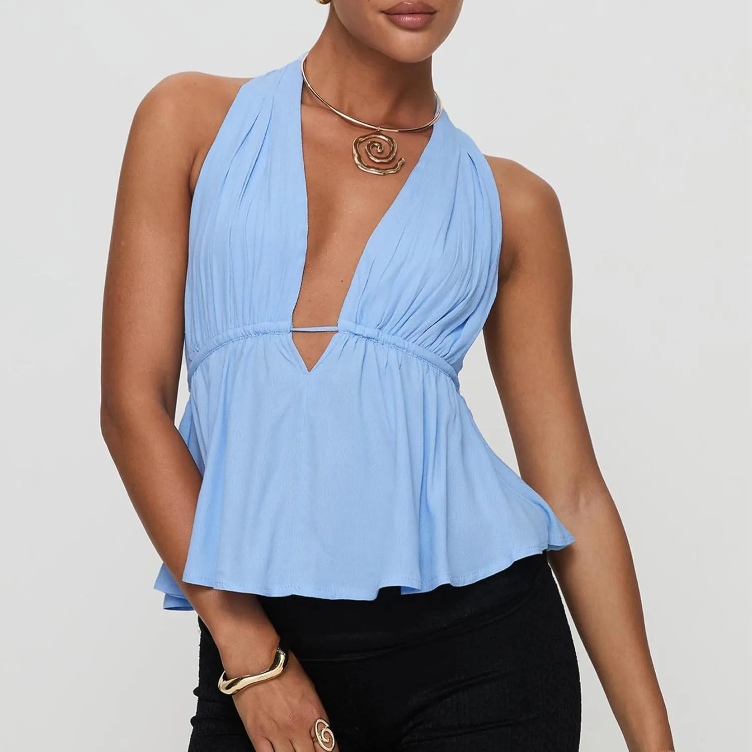 Women Sexy Deep V Neck Halter Top Cowl Neck Tie Back Slim Crop Camisole Summer Y2k Coquette Low Cut Backless Tank Top