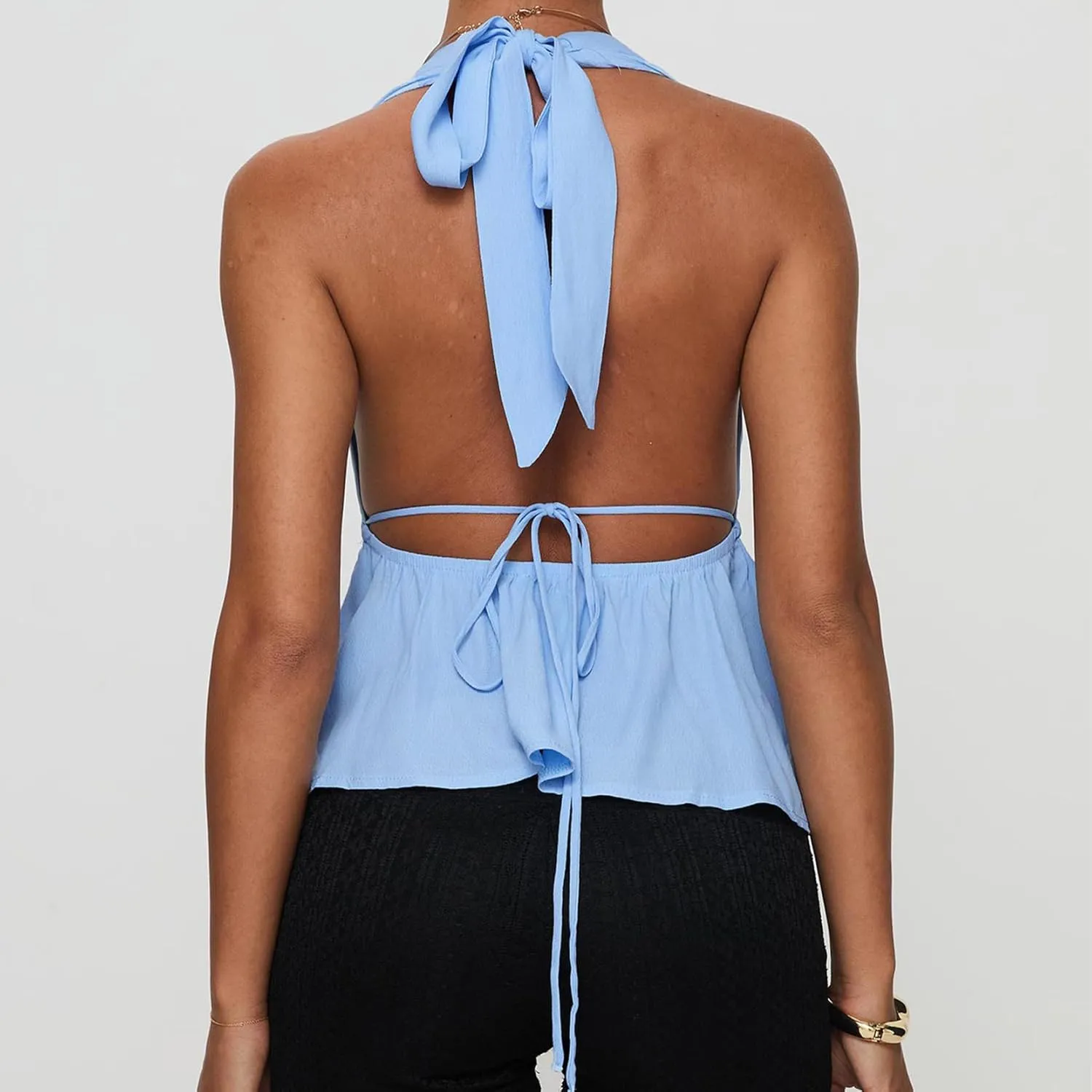 Women Sexy Deep V Neck Halter Top Cowl Neck Tie Back Slim Crop Camisole Summer Y2k Coquette Low Cut Backless Tank Top