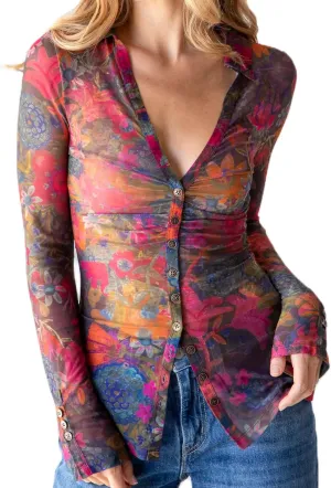 Women Sheer Mesh Print Button Up Shirt Long Sleeve V Neck Floral Shirt Blouse Sexy Slim Fit Buttons Y2K Cardigan Shirts