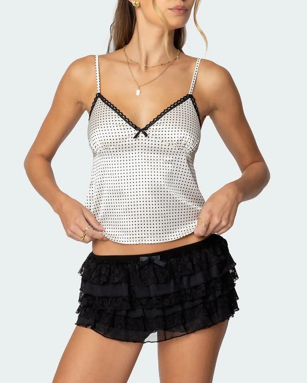 Women Silk Crop Cami Top Y2k Polka Dot Spaghetti Strap Tank Top Lace Trim V Neck Camisoles Trendy Going Out Tops