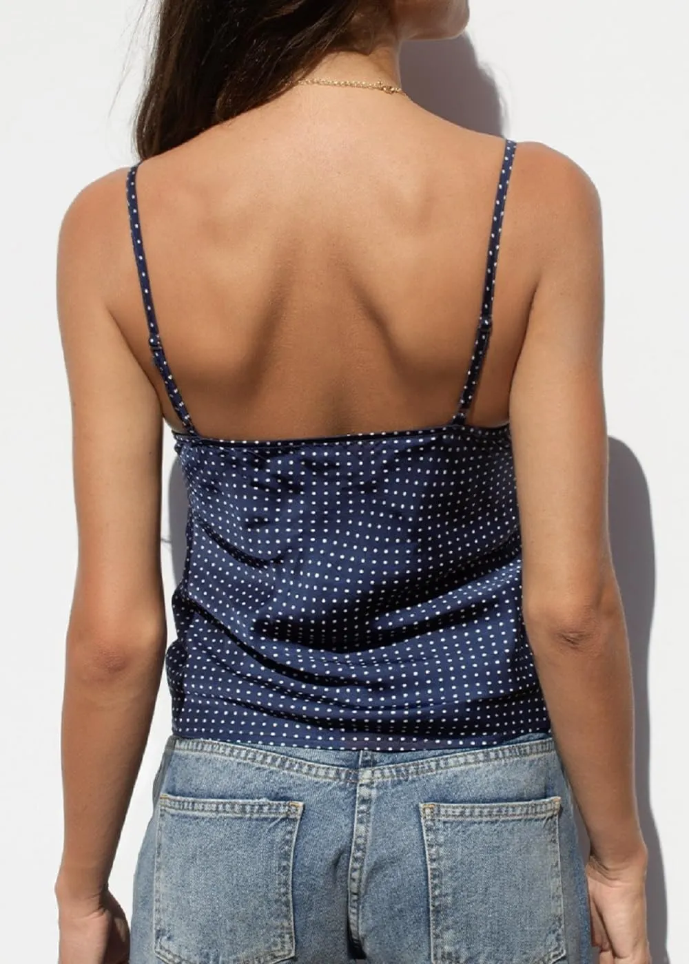 Women Silk Crop Cami Top Y2k Polka Dot Spaghetti Strap Tank Top Lace Trim V Neck Camisoles Trendy Going Out Tops