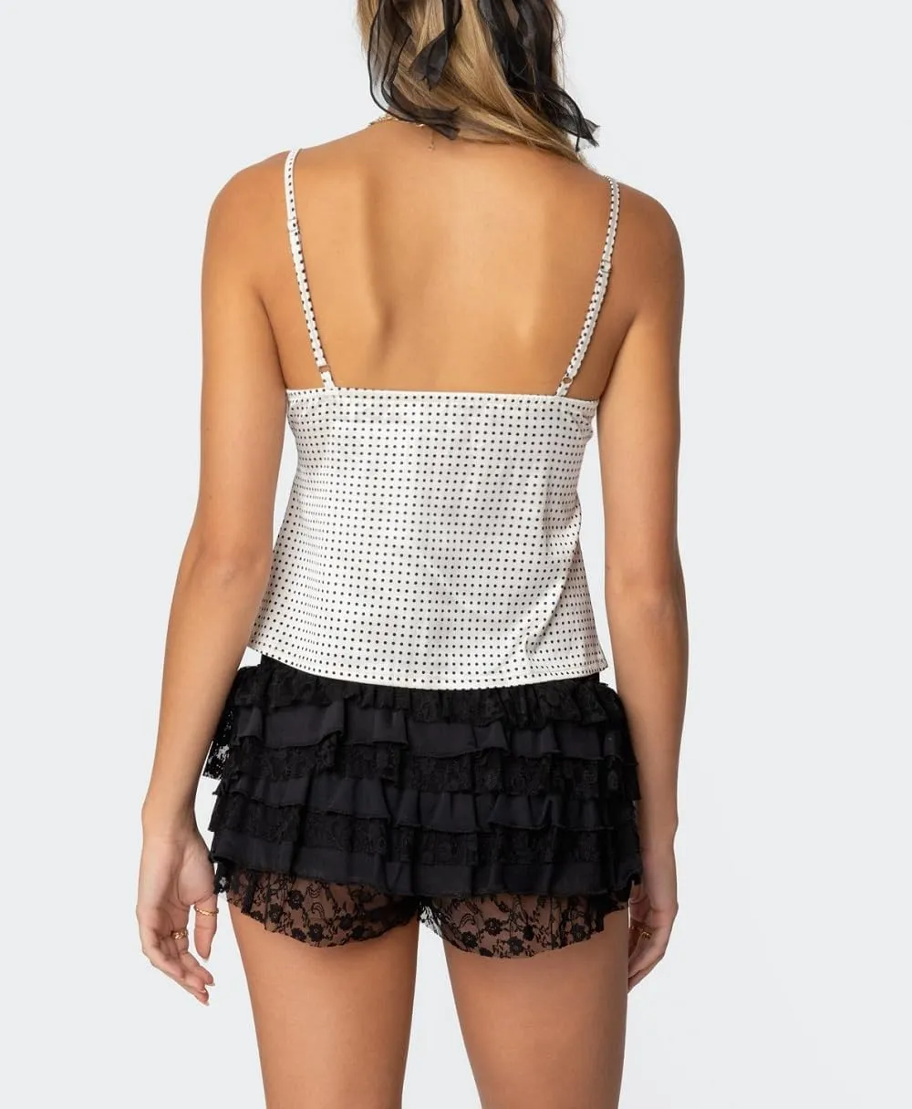 Women Silk Crop Cami Top Y2k Polka Dot Spaghetti Strap Tank Top Lace Trim V Neck Camisoles Trendy Going Out Tops