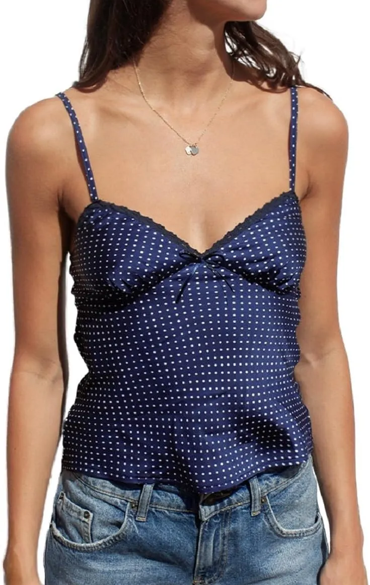 Women Silk Crop Cami Top Y2k Polka Dot Spaghetti Strap Tank Top Lace Trim V Neck Camisoles Trendy Going Out Tops