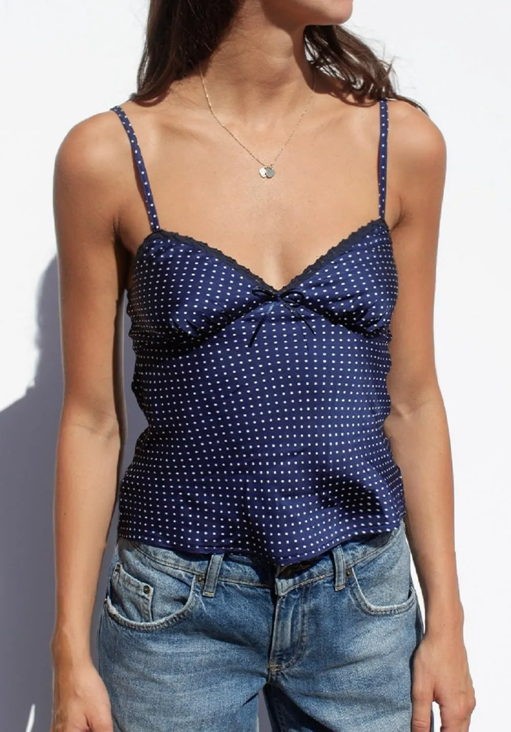 Women Silk Crop Cami Top Y2k Polka Dot Spaghetti Strap Tank Top Lace Trim V Neck Camisoles Trendy Going Out Tops
