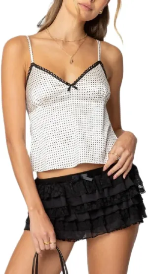 Women Silk Crop Cami Top Y2k Polka Dot Spaghetti Strap Tank Top Lace Trim V Neck Camisoles Trendy Going Out Tops