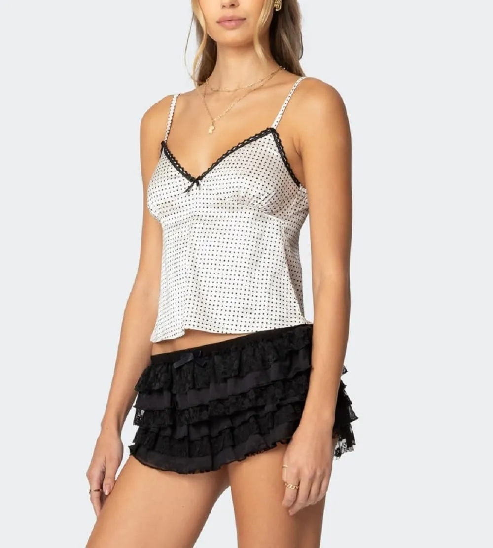 Women Silk Crop Cami Top Y2k Polka Dot Spaghetti Strap Tank Top Lace Trim V Neck Camisoles Trendy Going Out Tops