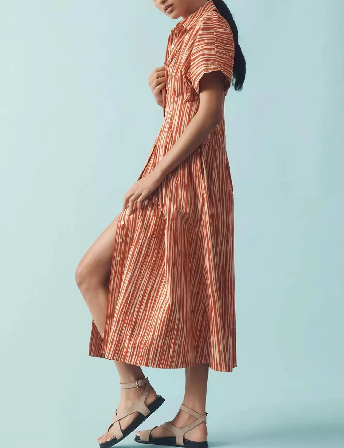 Women Striped Button Front Pleated Maxi Shirt Dress Short Sleeve Collar V Neck Summer Casual Corset Long Dress