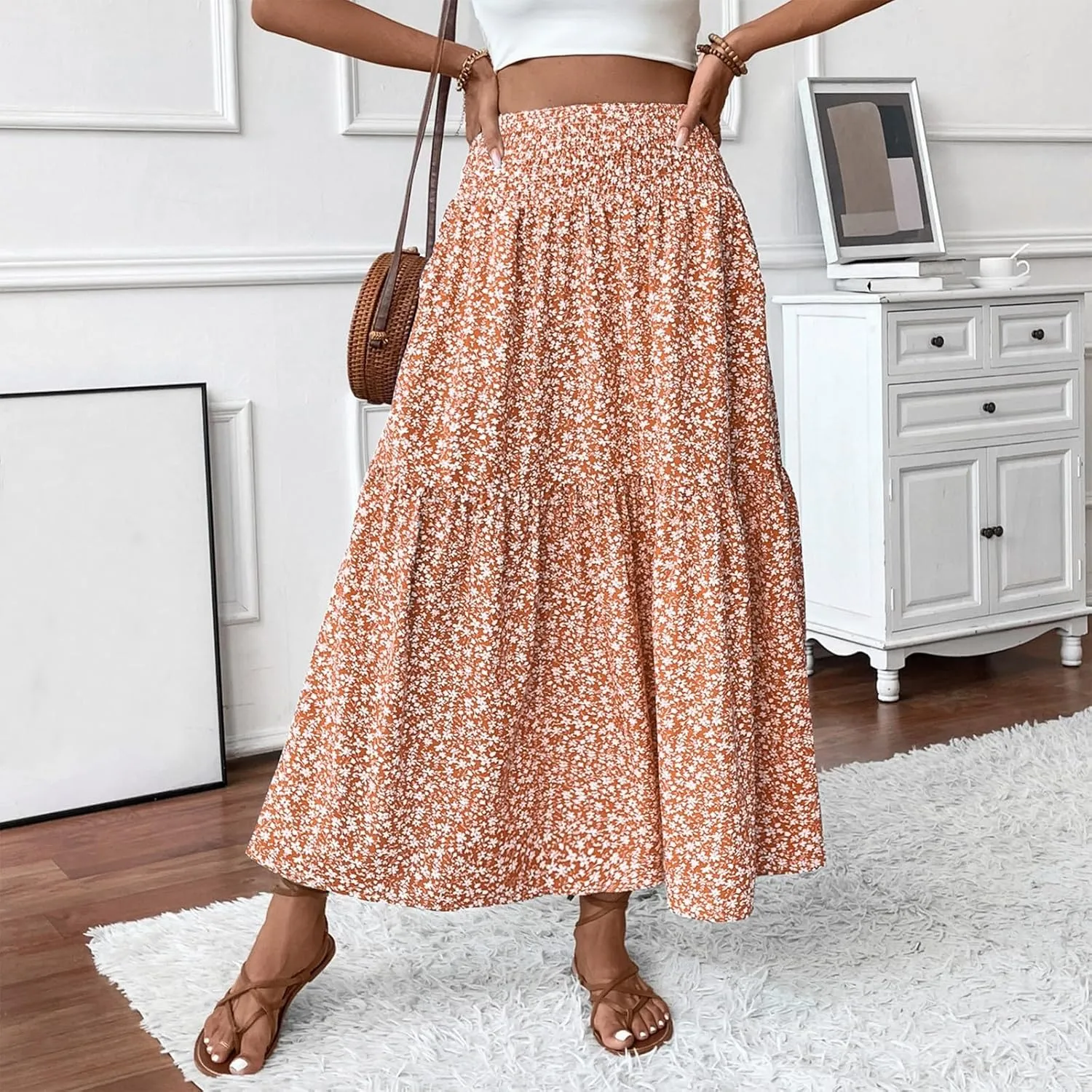 Women Summer Boho Floral Smocked Elastic High Waist Flowy Swing Pleated Maxi Skirts Vacation Printed A-Line Long Skirts