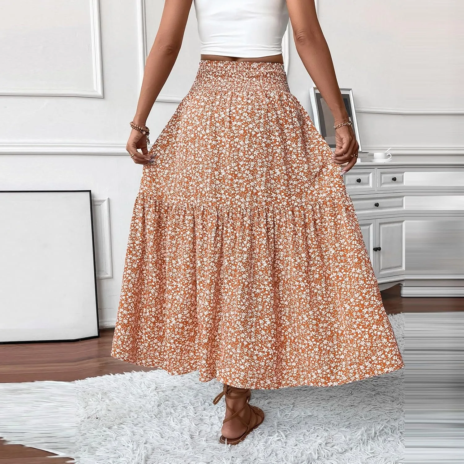 Women Summer Boho Floral Smocked Elastic High Waist Flowy Swing Pleated Maxi Skirts Vacation Printed A-Line Long Skirts