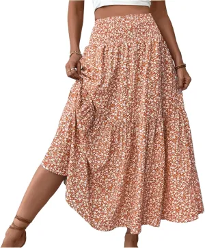 Women Summer Boho Floral Smocked Elastic High Waist Flowy Swing Pleated Maxi Skirts Vacation Printed A-Line Long Skirts