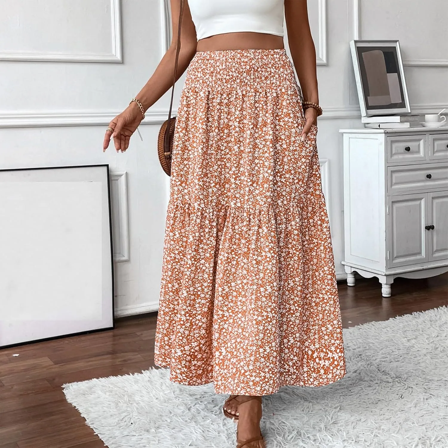 Women Summer Boho Floral Smocked Elastic High Waist Flowy Swing Pleated Maxi Skirts Vacation Printed A-Line Long Skirts