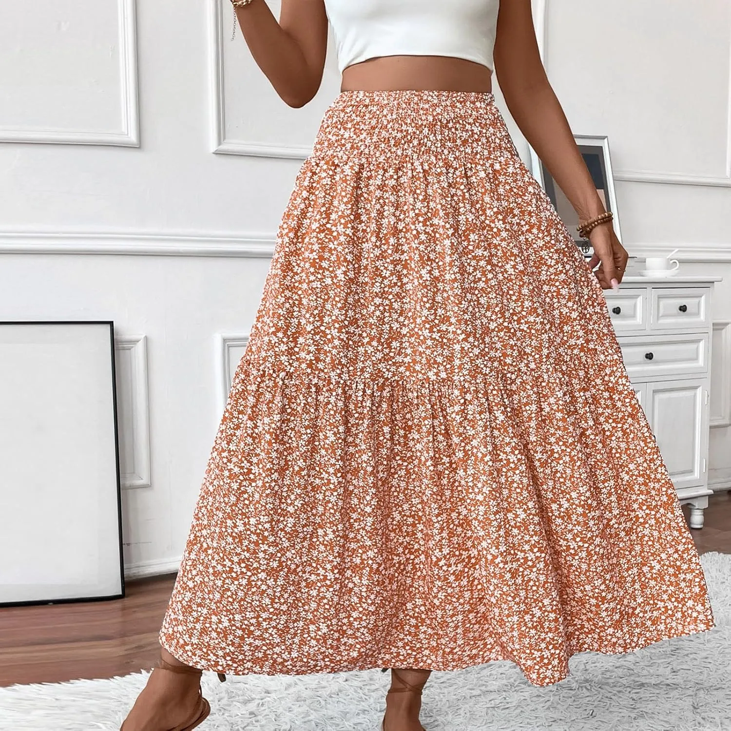 Women Summer Boho Floral Smocked Elastic High Waist Flowy Swing Pleated Maxi Skirts Vacation Printed A-Line Long Skirts