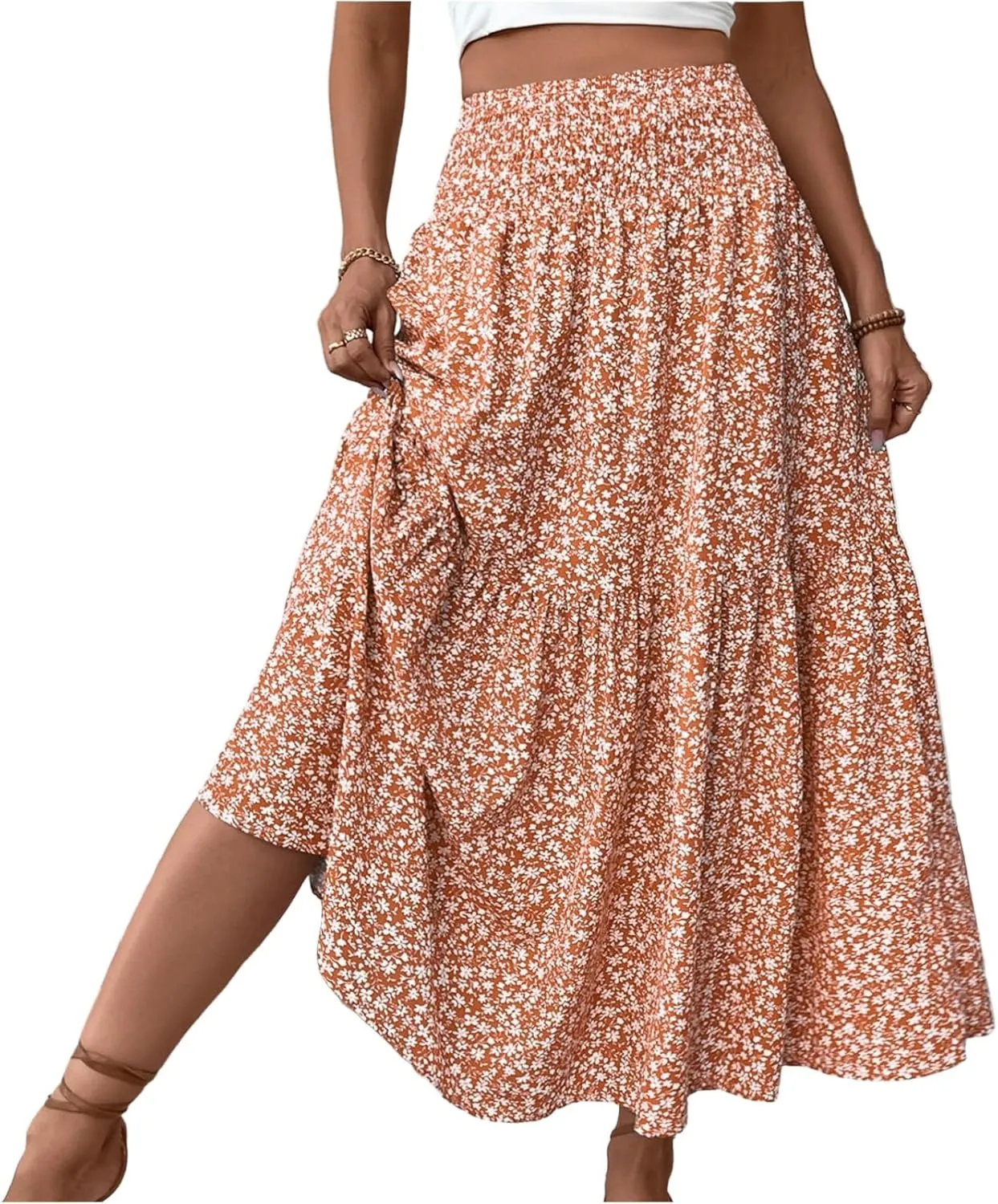 Women Summer Boho Floral Smocked Elastic High Waist Flowy Swing Pleated Maxi Skirts Vacation Printed A-Line Long Skirts