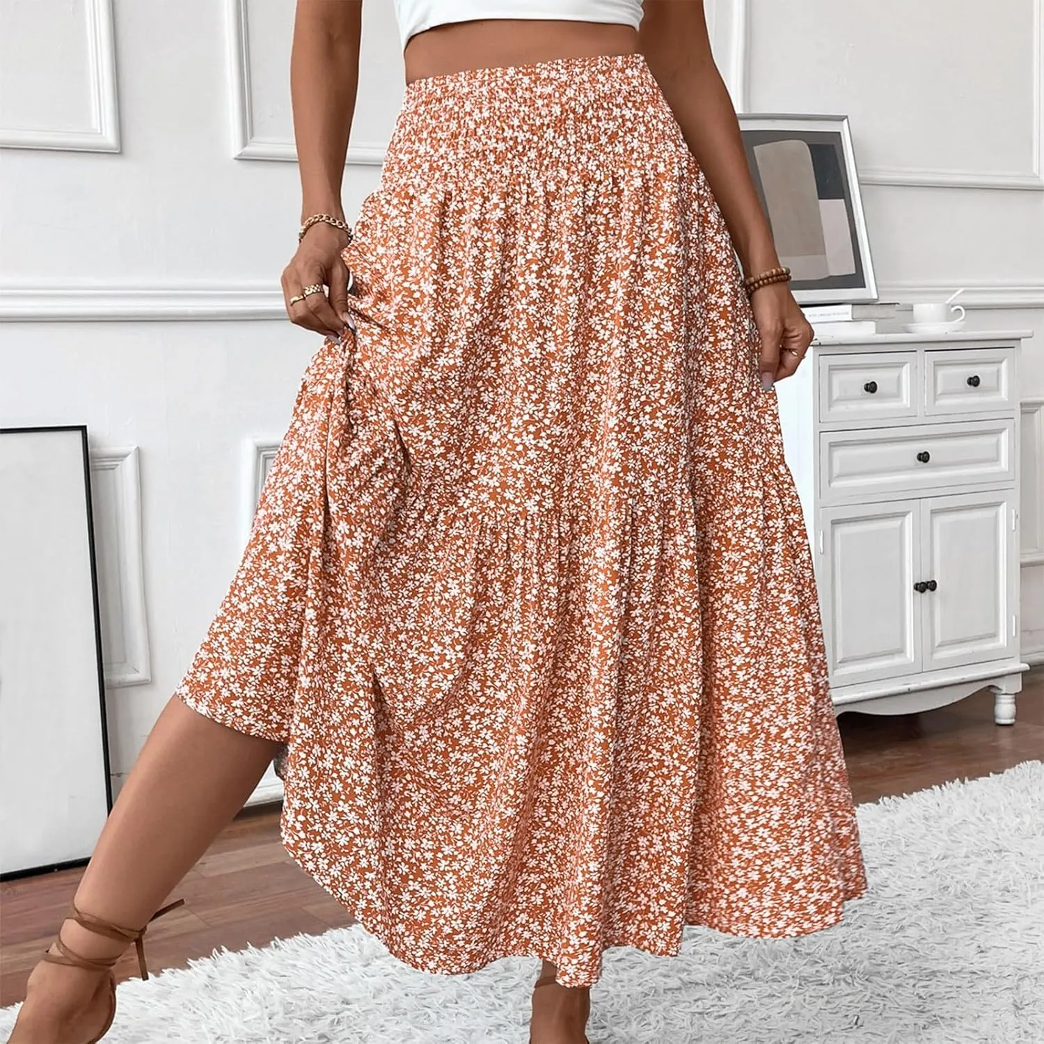 Women Summer Boho Floral Smocked Elastic High Waist Flowy Swing Pleated Maxi Skirts Vacation Printed A-Line Long Skirts