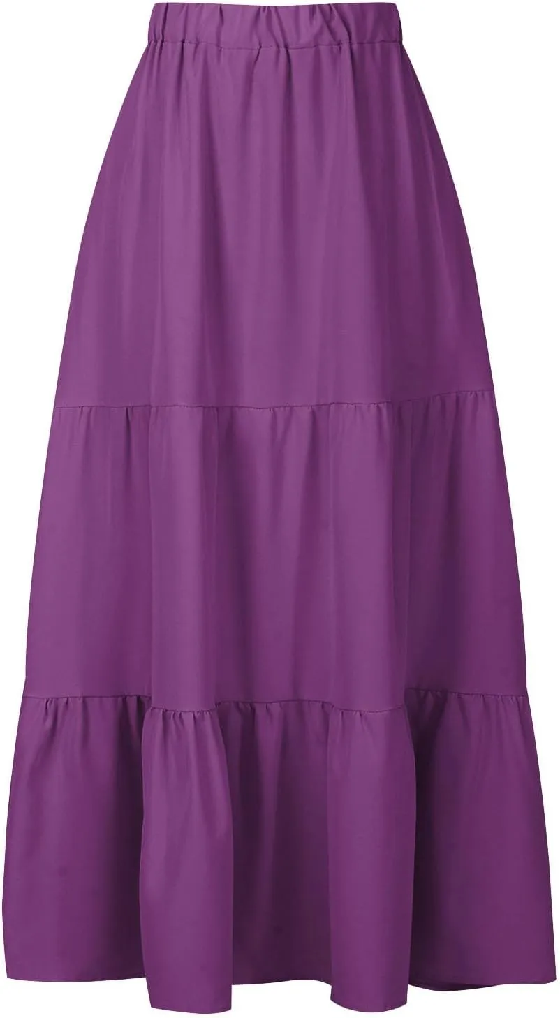 Women Summer Boho Skirt Flowy Ruffle Skirts with Pockets A-Line Midi Skirt Tiered Pleated Skirts Elastic Waist Skirt