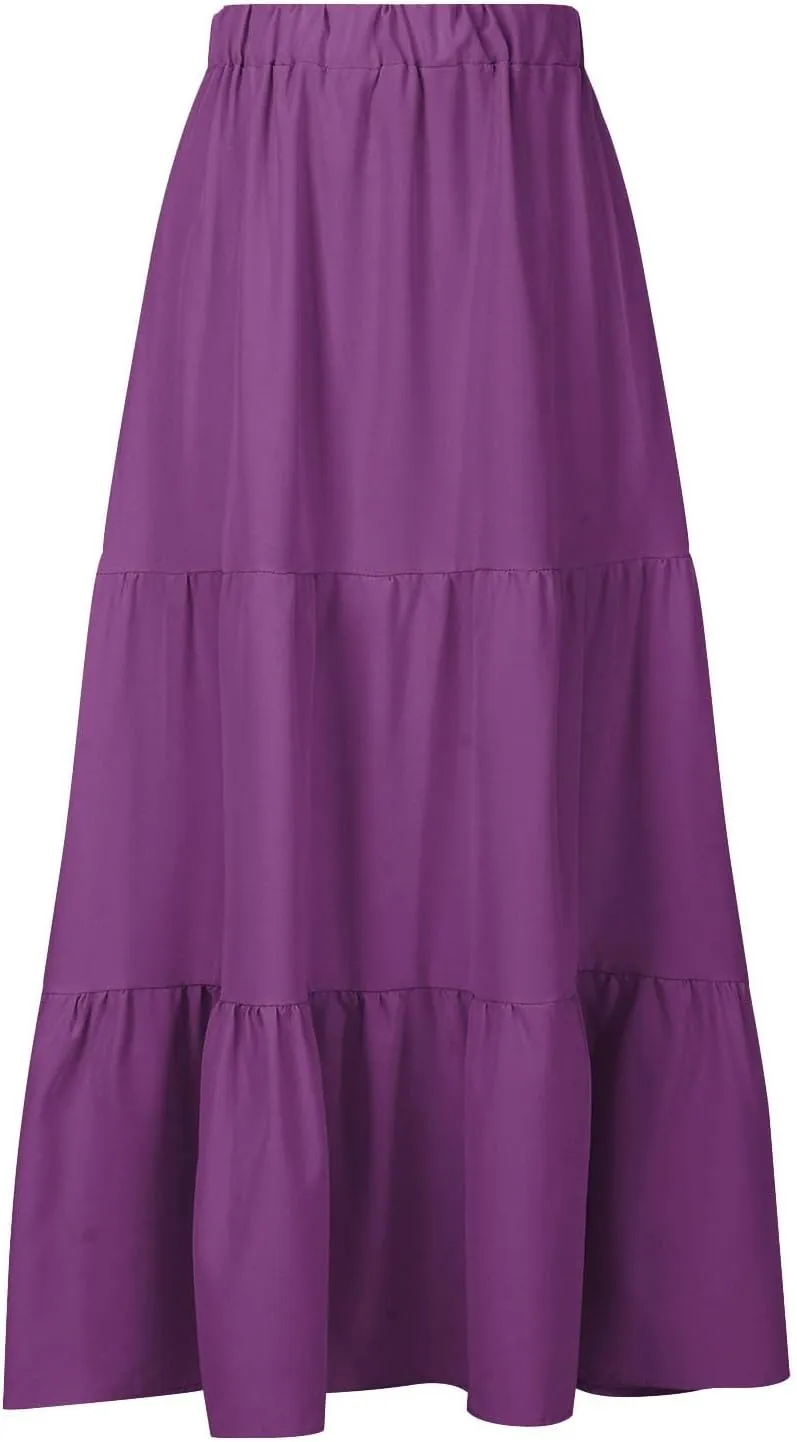 Women Summer Boho Skirt Flowy Ruffle Skirts with Pockets A-Line Midi Skirt Tiered Pleated Skirts Elastic Waist Skirt