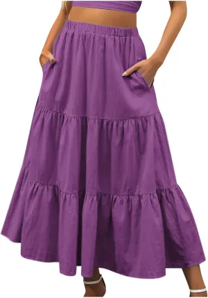Women Summer Boho Skirt Flowy Ruffle Skirts with Pockets A-Line Midi Skirt Tiered Pleated Skirts Elastic Waist Skirt
