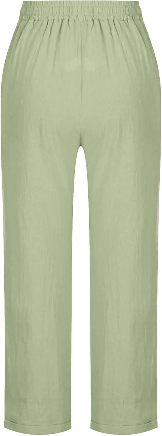 Women Summer Cotton Linen Pants 2025 Beach Vacation Trousers Drawstring Straight Slacks Business Casual Comfy Clothes
