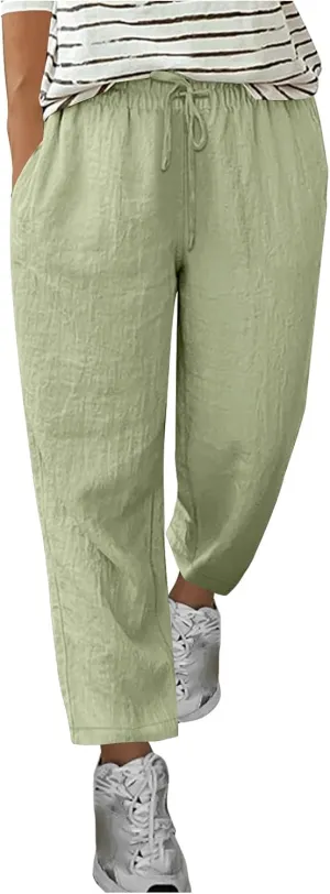 Women Summer Cotton Linen Pants 2025 Beach Vacation Trousers Drawstring Straight Slacks Business Casual Comfy Clothes
