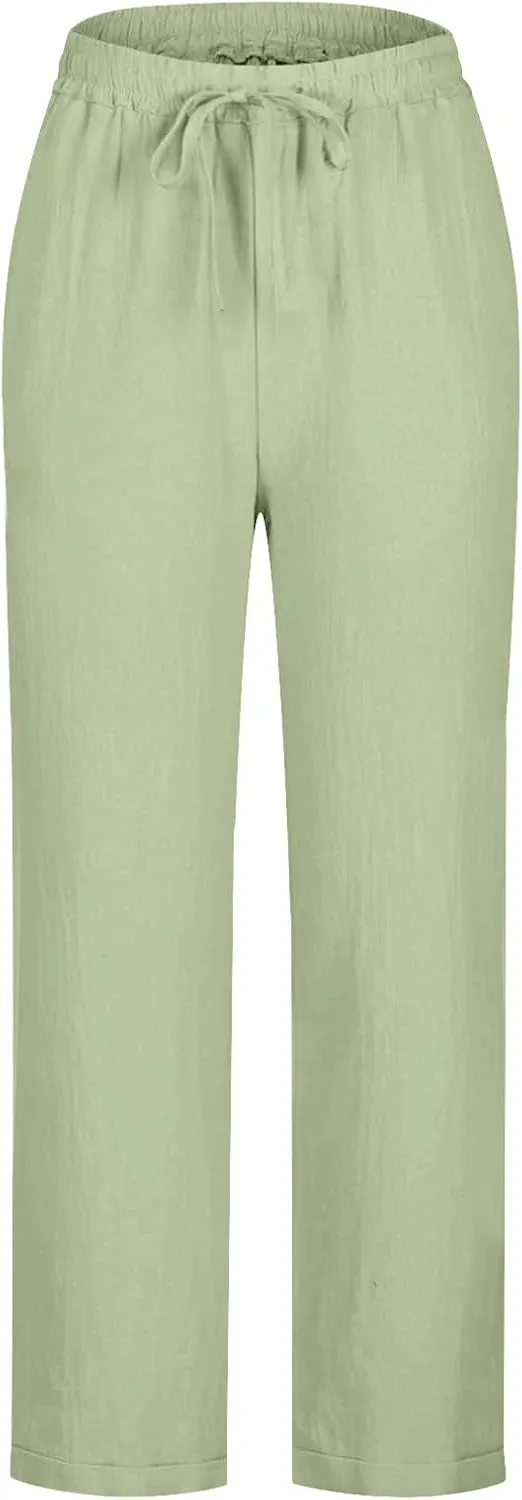 Women Summer Cotton Linen Pants 2025 Beach Vacation Trousers Drawstring Straight Slacks Business Casual Comfy Clothes