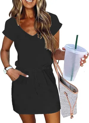 Women Summer Dress Casual Short Sleeve V Neck Sundresses Drawstring Waist Beach Cover up Mini Beach Dress with Pocket