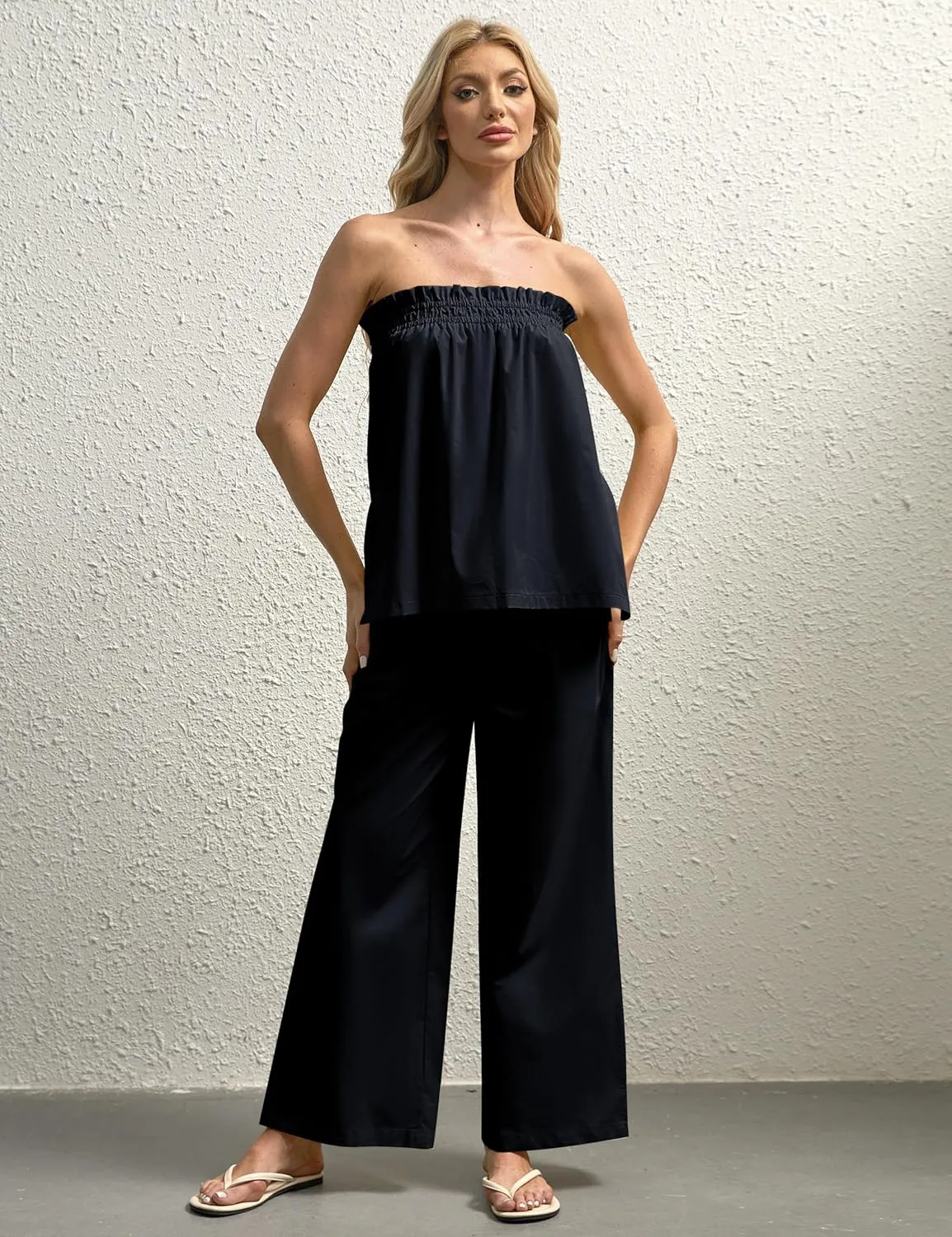 Women Summer Outfits 2 Piece Set Strapless Tube Top and Wide Leg Pants lounge Set Relaxed Off Shoulder Top Pants Set