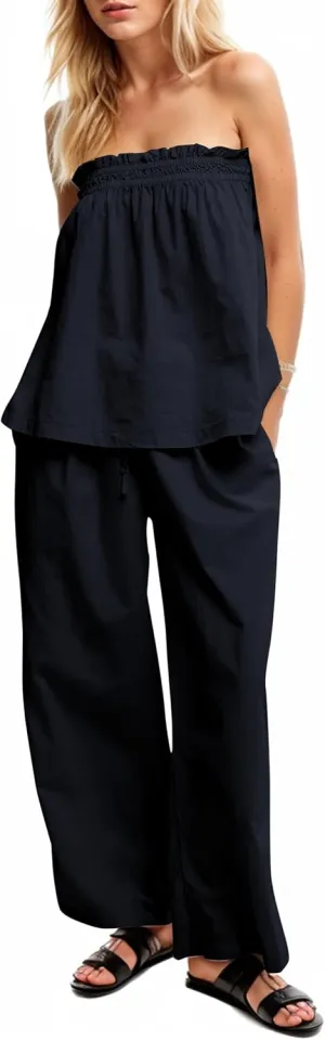Women Summer Outfits 2 Piece Set Strapless Tube Top and Wide Leg Pants lounge Set Relaxed Off Shoulder Top Pants Set