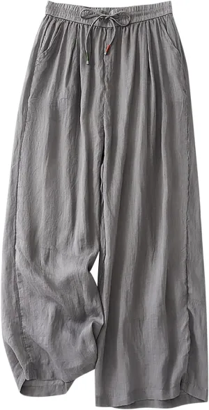 Women Wide Leg Linen Pants High Waisted Summer Casual Cotton Linen Flowy Palazzo Trousers Vacation Outfits with Pocket