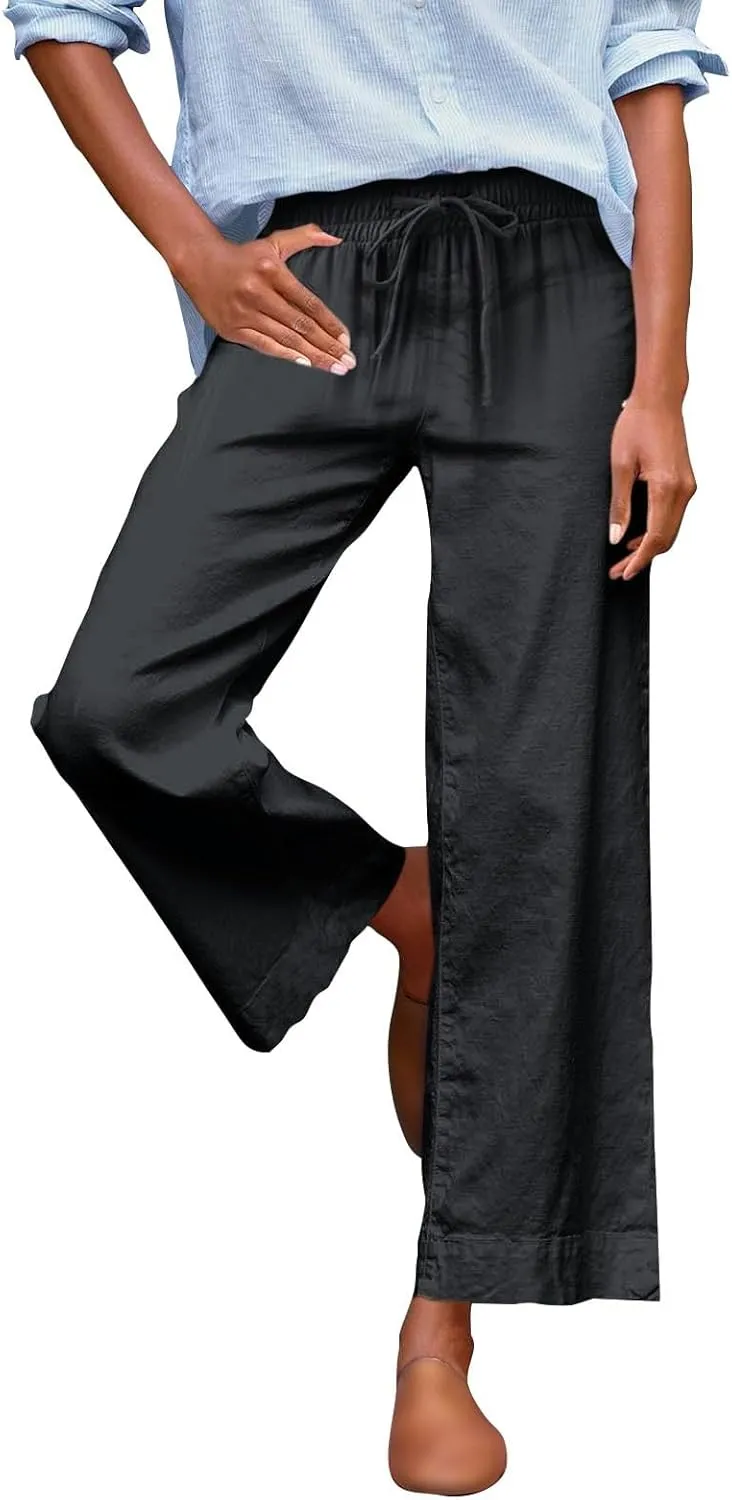 Women Wide Leg Pants, Straight High Waisted Wide Legs Trousers Casual Summer Cotton Linen Palazzo Pants with Pockets