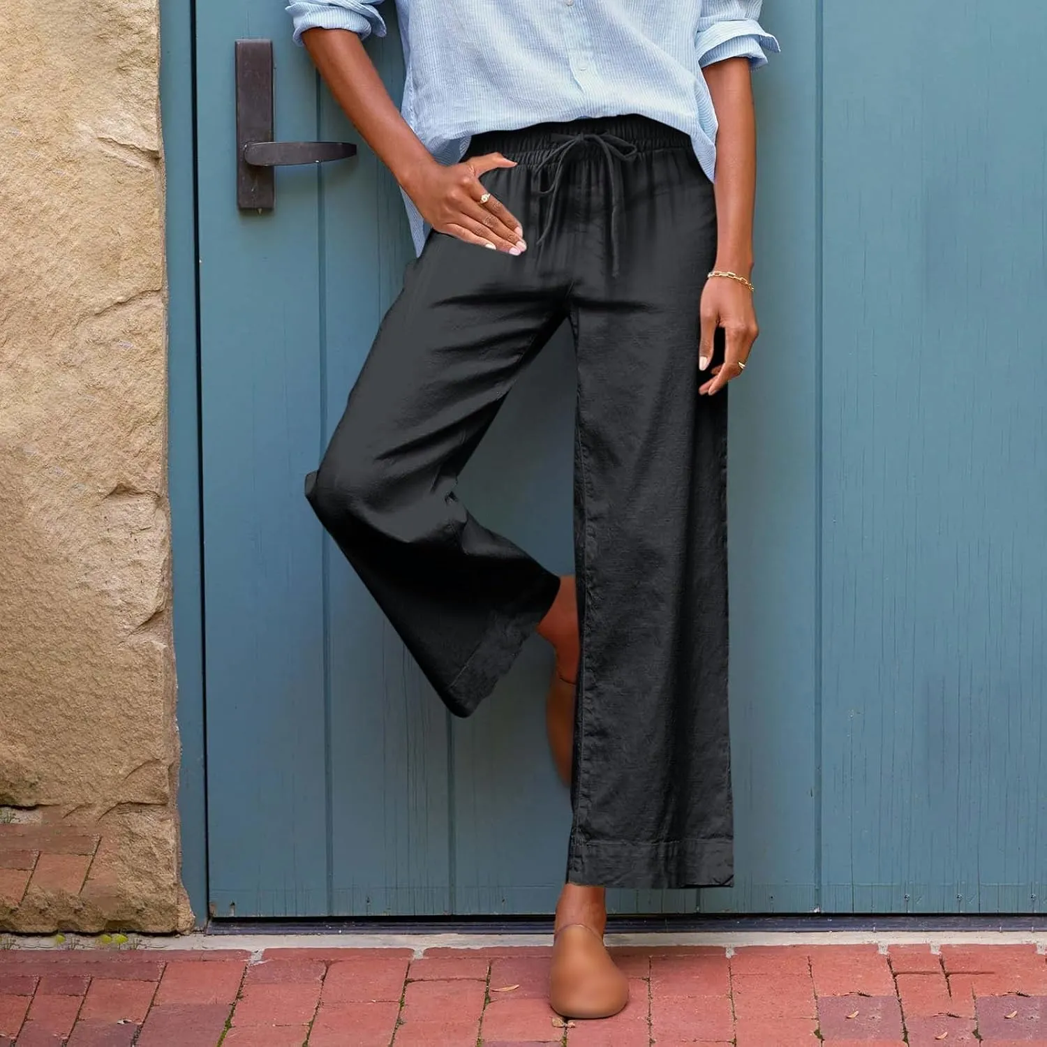 Women Wide Leg Pants, Straight High Waisted Wide Legs Trousers Casual Summer Cotton Linen Palazzo Pants with Pockets