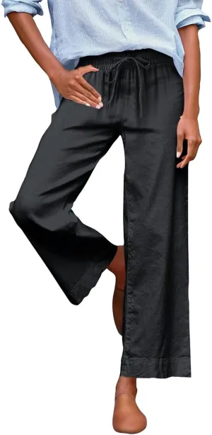 Women Wide Leg Pants, Straight High Waisted Wide Legs Trousers Casual Summer Cotton Linen Palazzo Pants with Pockets