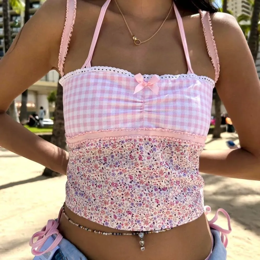 Women Y2k Backless Tank Top Vintage Lace Trim Floral Patchwork Cami Crop Top Summer Party Club Vest 00s Retro Shirt