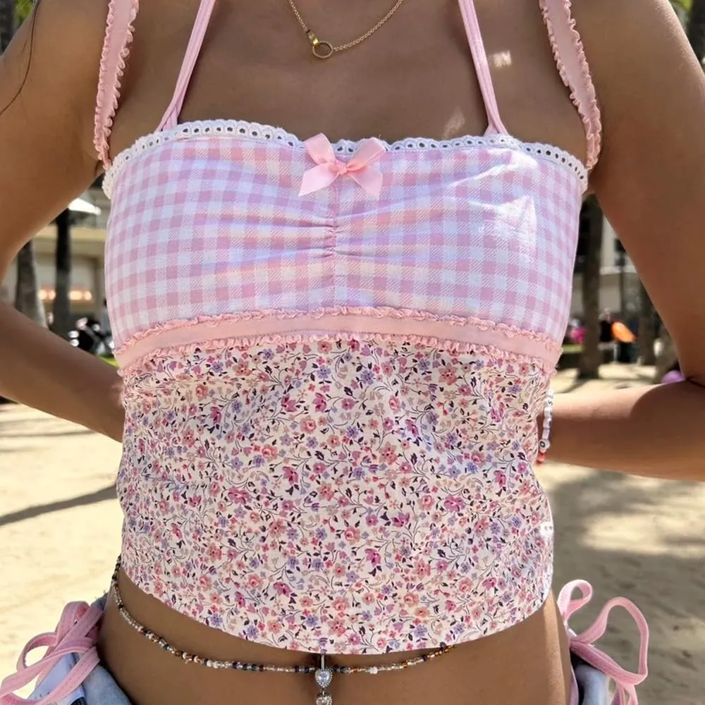 Women Y2k Backless Tank Top Vintage Lace Trim Floral Patchwork Cami Crop Top Summer Party Club Vest 00s Retro Shirt
