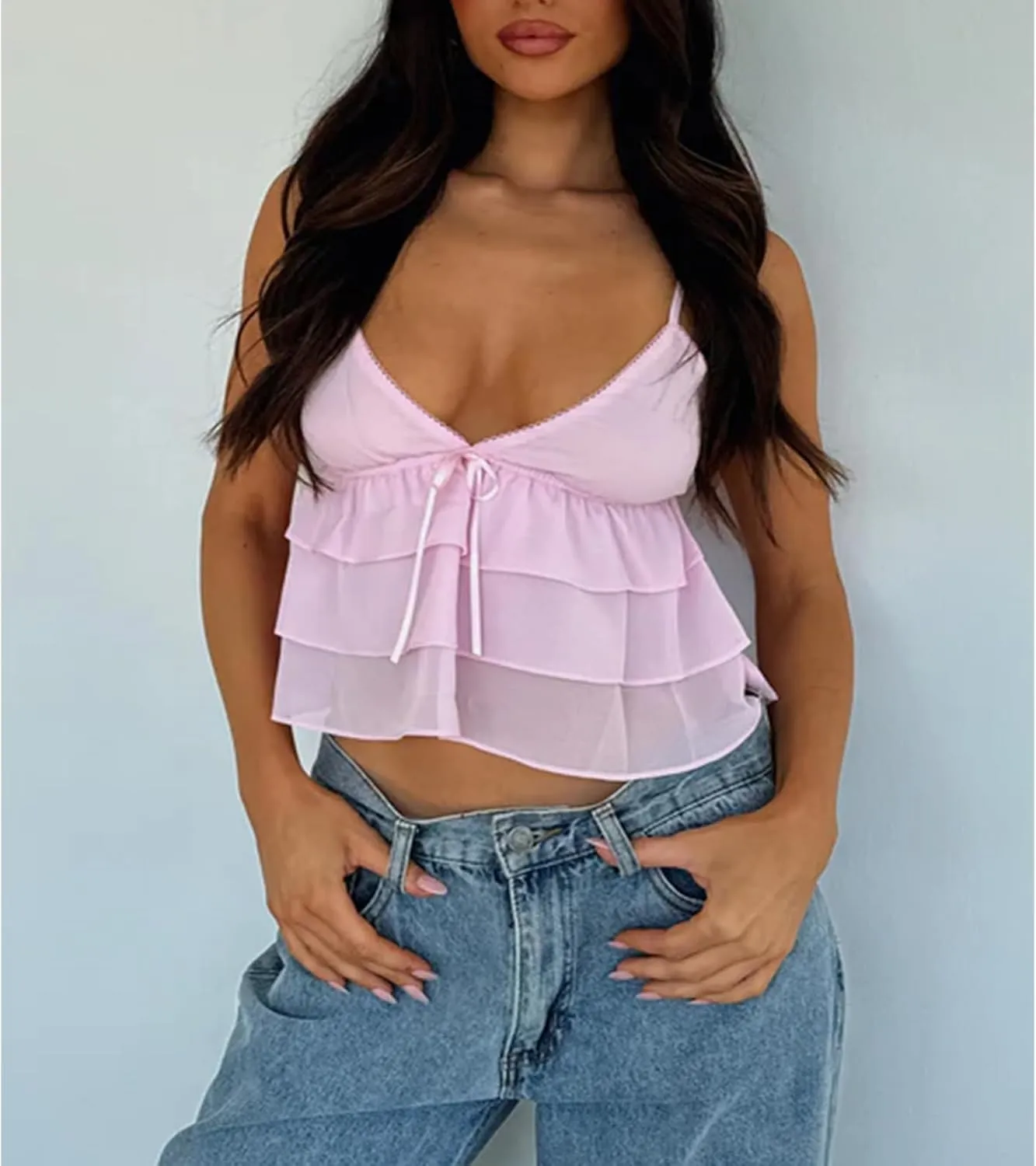 Women Y2k Crop Cami Top Lace Trim Ruffle Hem V Neck Chiffon Tank Top Spaghetti Strap Going Out Babydoll Camisoles
