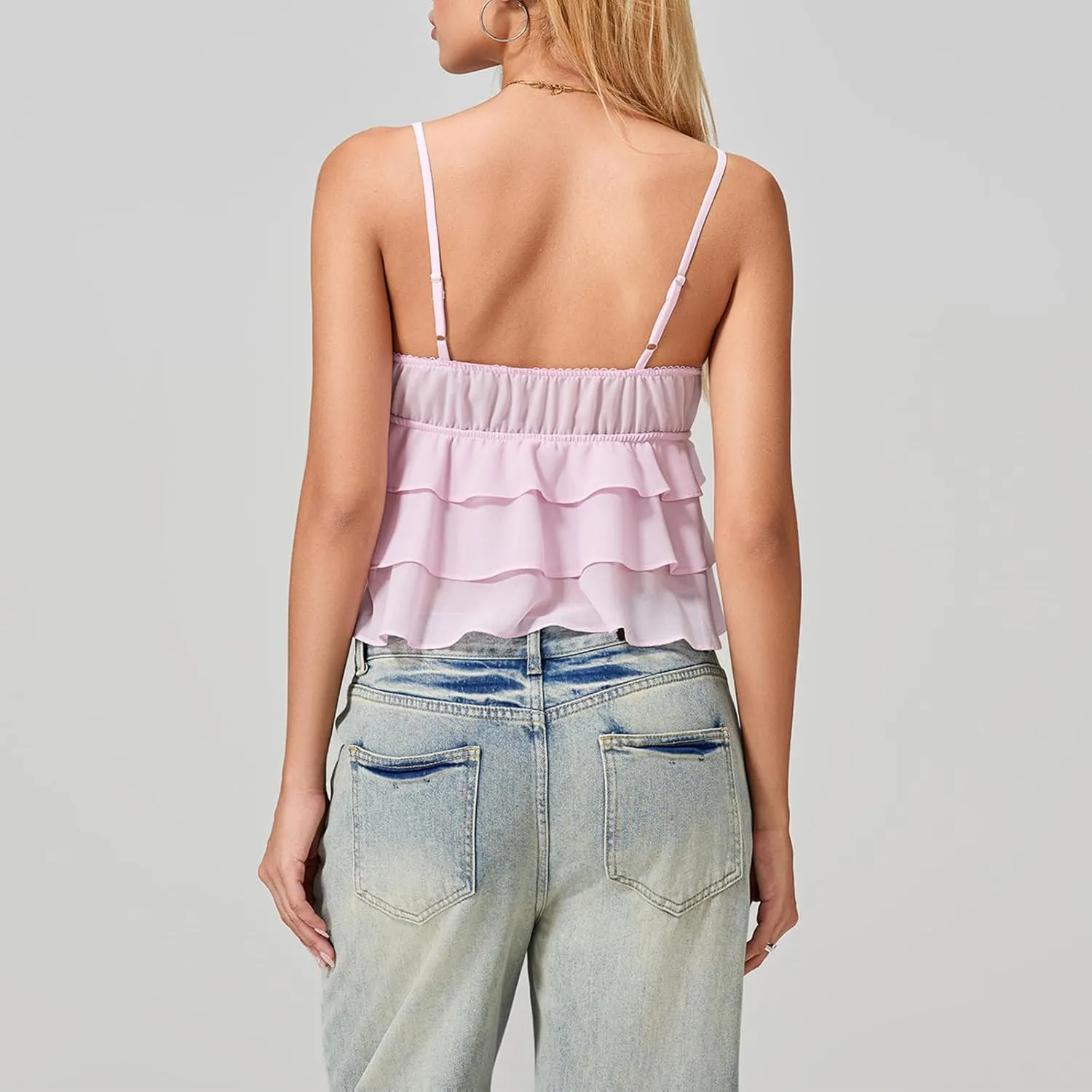 Women Y2k Crop Cami Top Lace Trim Ruffle Hem V Neck Chiffon Tank Top Spaghetti Strap Going Out Babydoll Camisoles