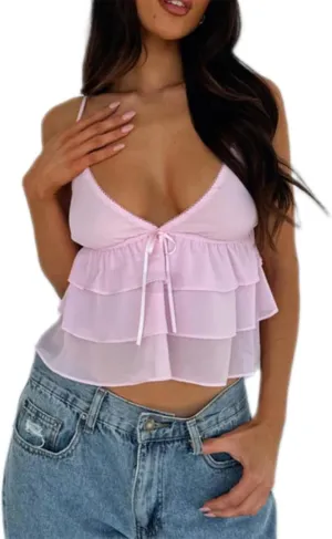 Women Y2k Crop Cami Top Lace Trim Ruffle Hem V Neck Chiffon Tank Top Spaghetti Strap Going Out Babydoll Camisoles