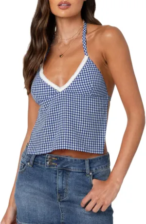 Women Y2k Gingham Crop Camisole Spaghetti Strap Lace Trim V Neck Crop Tank Top Open Back Tie Up Cami Top