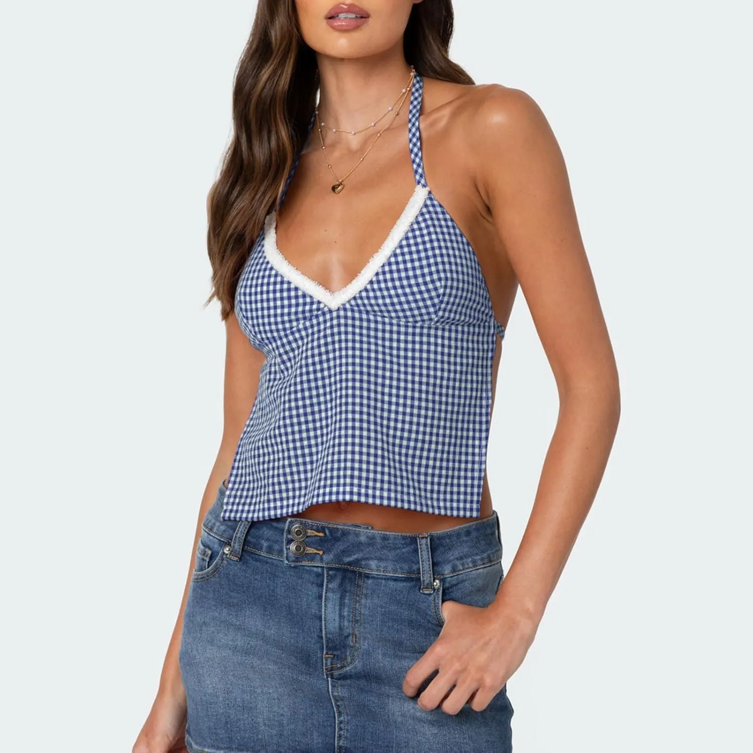 Women Y2k Gingham Crop Camisole Spaghetti Strap Lace Trim V Neck Crop Tank Top Open Back Tie Up Cami Top