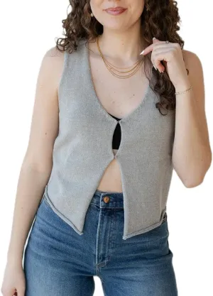 Women Y2K Knit Vest Tops Sleeveless V Neck Hook Eye Button Down Crotchet Crop Top Raw Hem Tank Top Summer Vacation