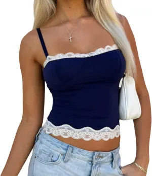 Women Y2K Lace Floral Camisole Sleeveless Spaghetti Strap Slim Fit Crop Top Aesthetic Lace Trim Ruffle Hem Tank Top