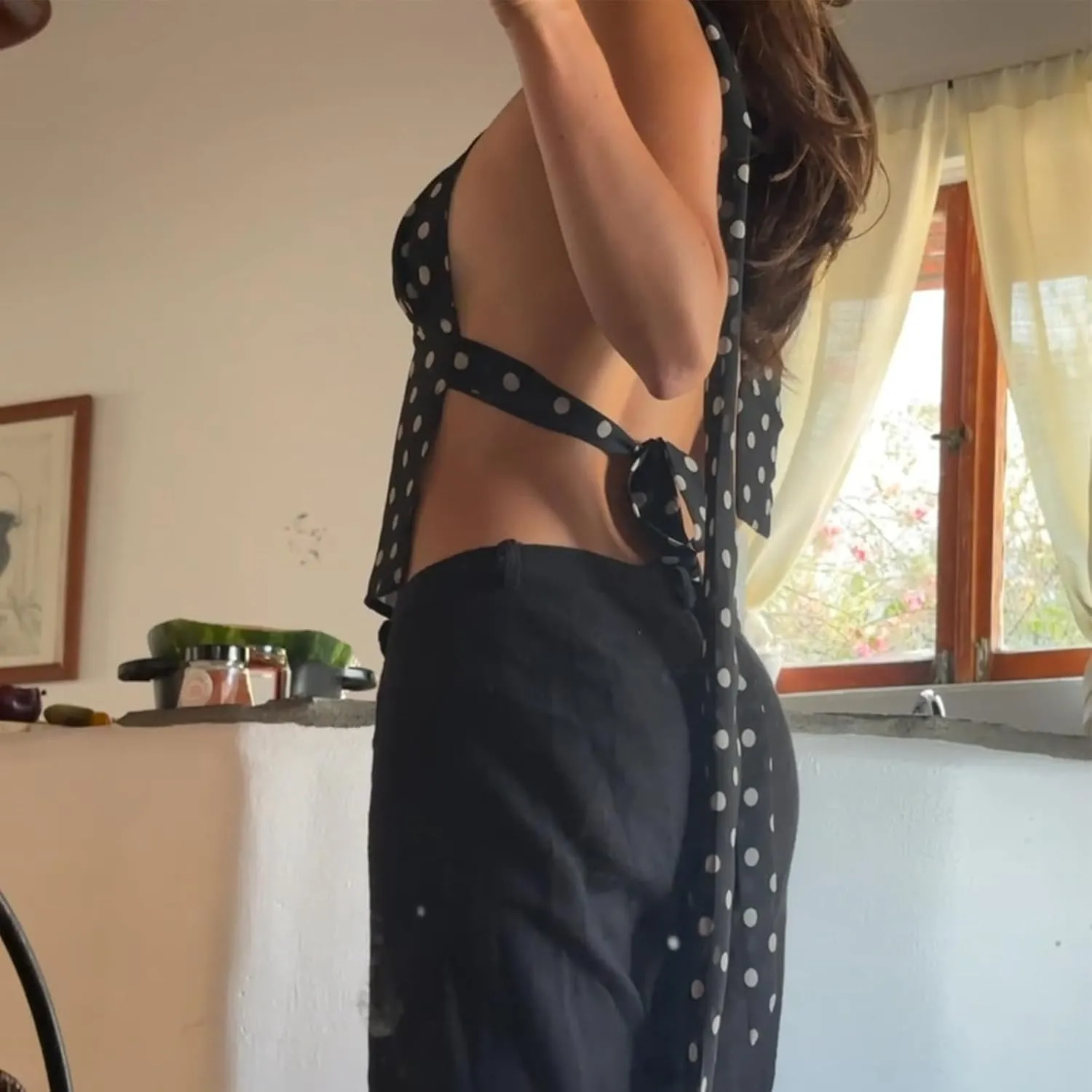 Women Y2k Polka Dot Cami Top Sexy Deep V Neck Spaghetti Strap Open Back Crop Top Lace Trim Coquette Fairy Camisoles
