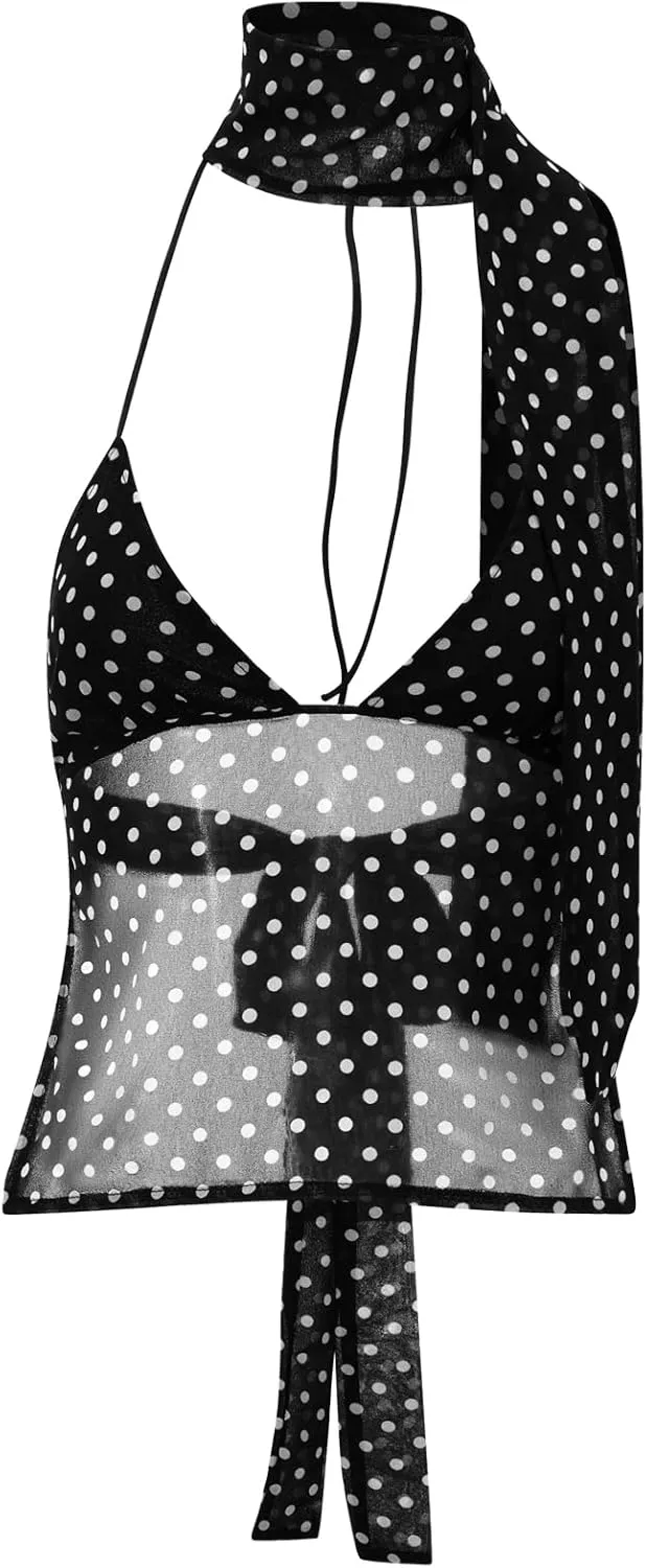 Women Y2k Polka Dot Cami Top Sexy Deep V Neck Spaghetti Strap Open Back Crop Top Lace Trim Coquette Fairy Camisoles