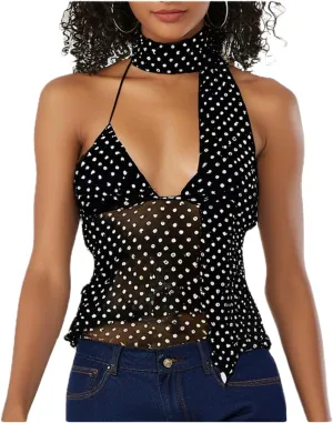Women Y2k Polka Dot Cami Top Sexy Deep V Neck Spaghetti Strap Open Back Crop Top Lace Trim Coquette Fairy Camisoles