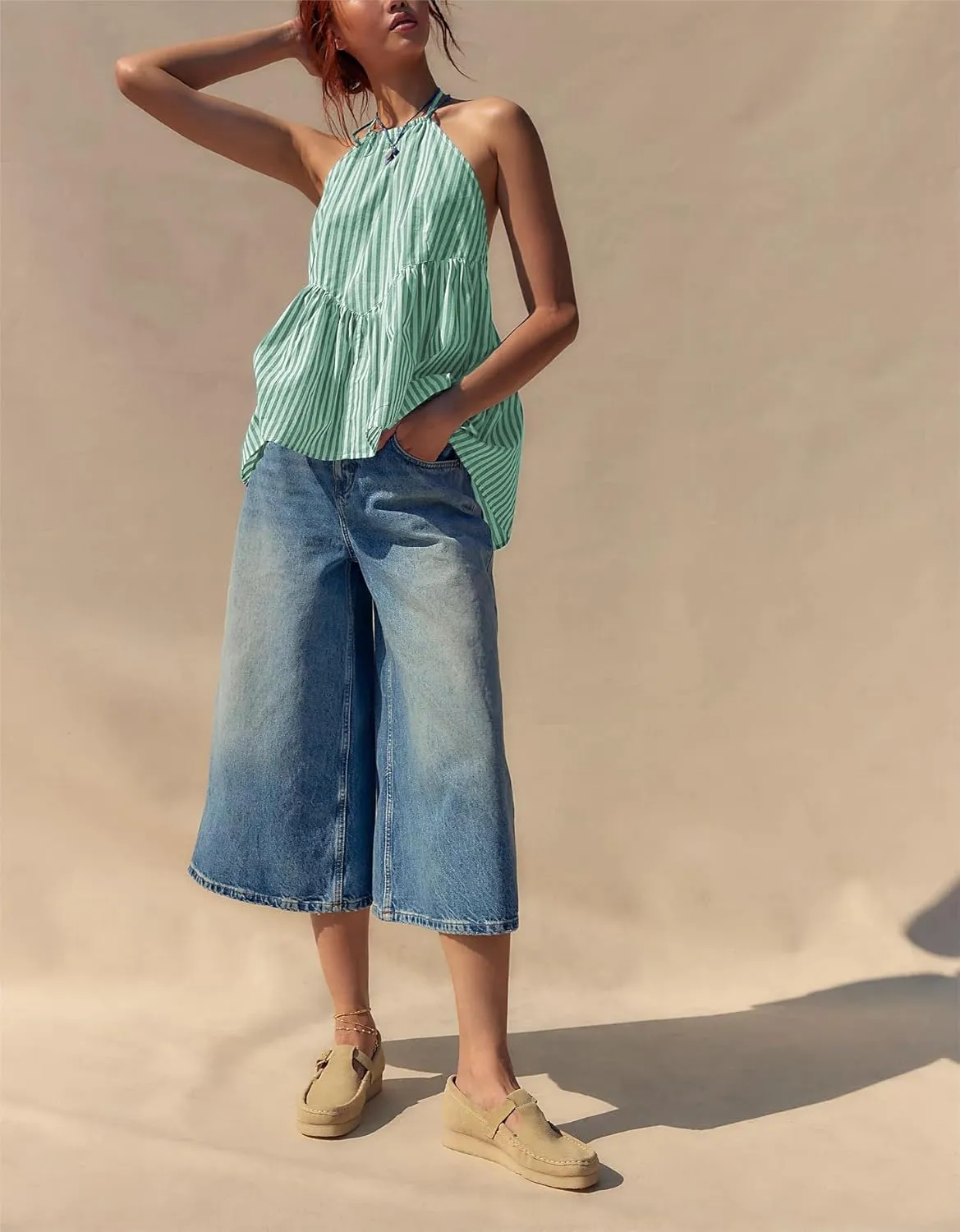 Women Y2k Striped Tank Top Sleeveless Halter Neck Tie Back Babydoll Shirt Cute Ruffle Hem Flowy Cami Vest Top
