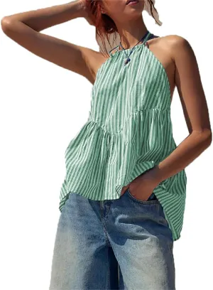 Women Y2k Striped Tank Top Sleeveless Halter Neck Tie Back Babydoll Shirt Cute Ruffle Hem Flowy Cami Vest Top