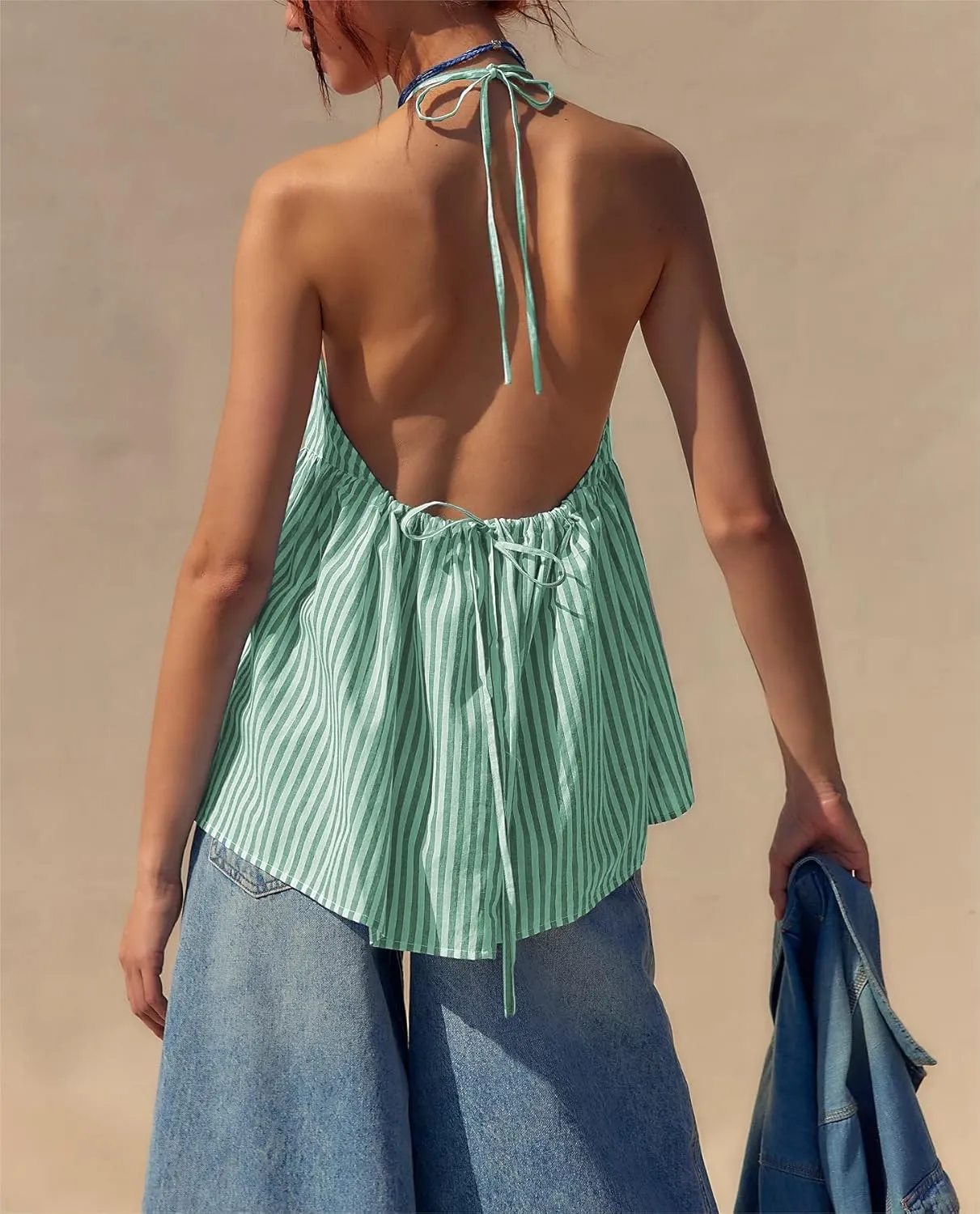 Women Y2k Striped Tank Top Sleeveless Halter Neck Tie Back Babydoll Shirt Cute Ruffle Hem Flowy Cami Vest Top