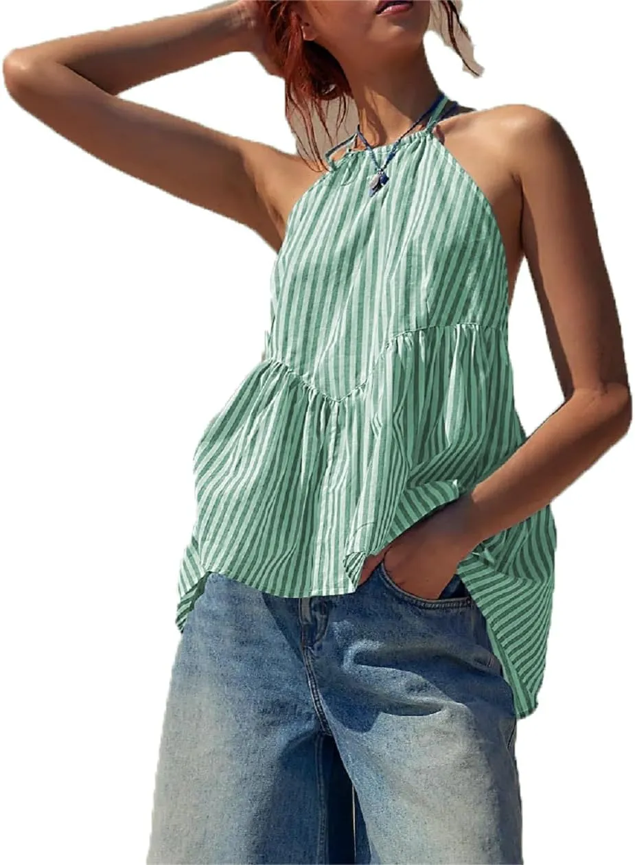 Women Y2k Striped Tank Top Sleeveless Halter Neck Tie Back Babydoll Shirt Cute Ruffle Hem Flowy Cami Vest Top
