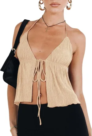 Women Y2k Tie Front Cami Crop Top Deep V Neck Spaghetti Strap Halter Camisole Sexy Ruffle Summer Going Out Tank Top