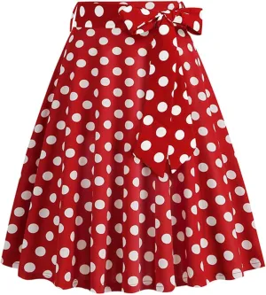 Women's 1950s Pleated Vintage Skirt Polka Dot A-line Midi Skirts Flared High Waisted Short Skirts with Belted