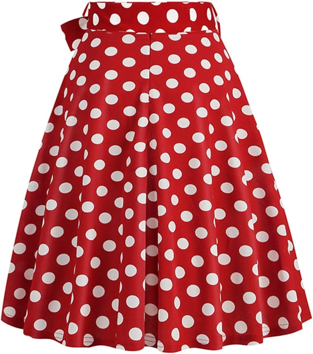 Women's 1950s Pleated Vintage Skirt Polka Dot A-line Midi Skirts Flared High Waisted Short Skirts with Belted